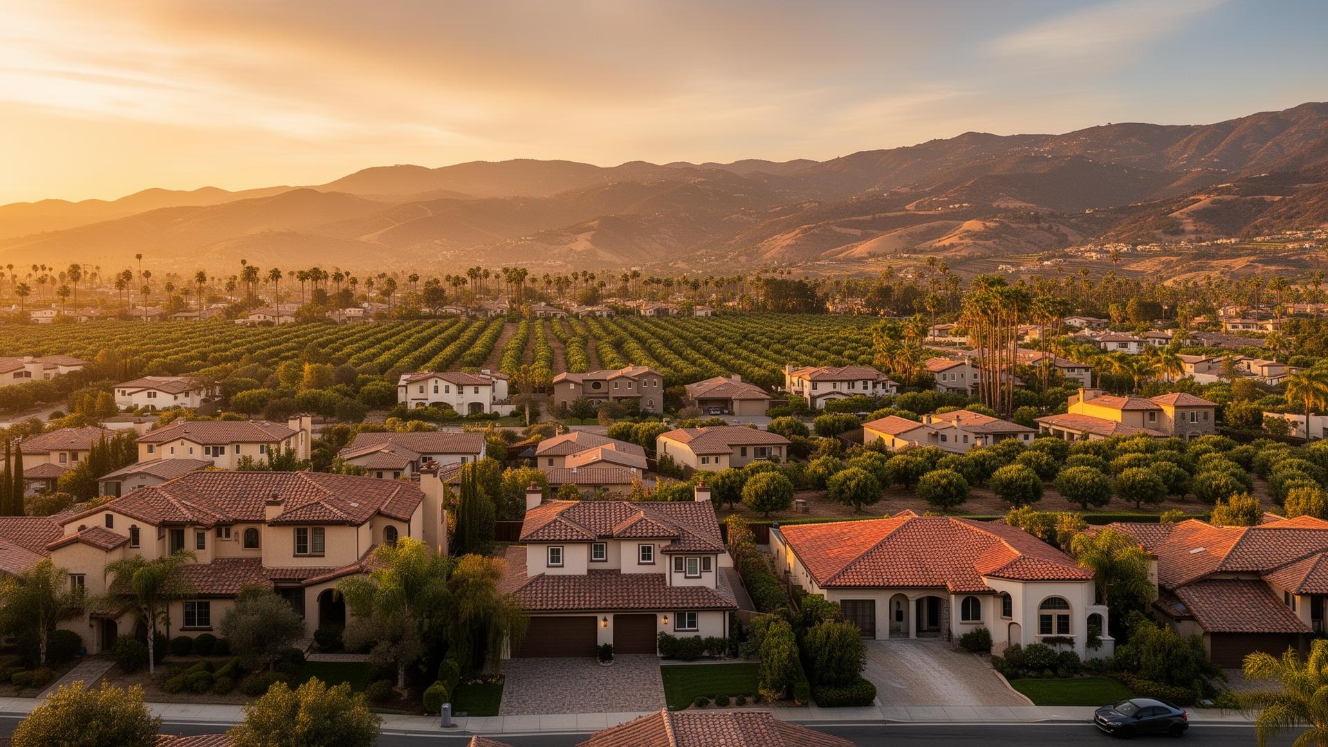 Escondido, California neighborhood with rolling hills at golden hour